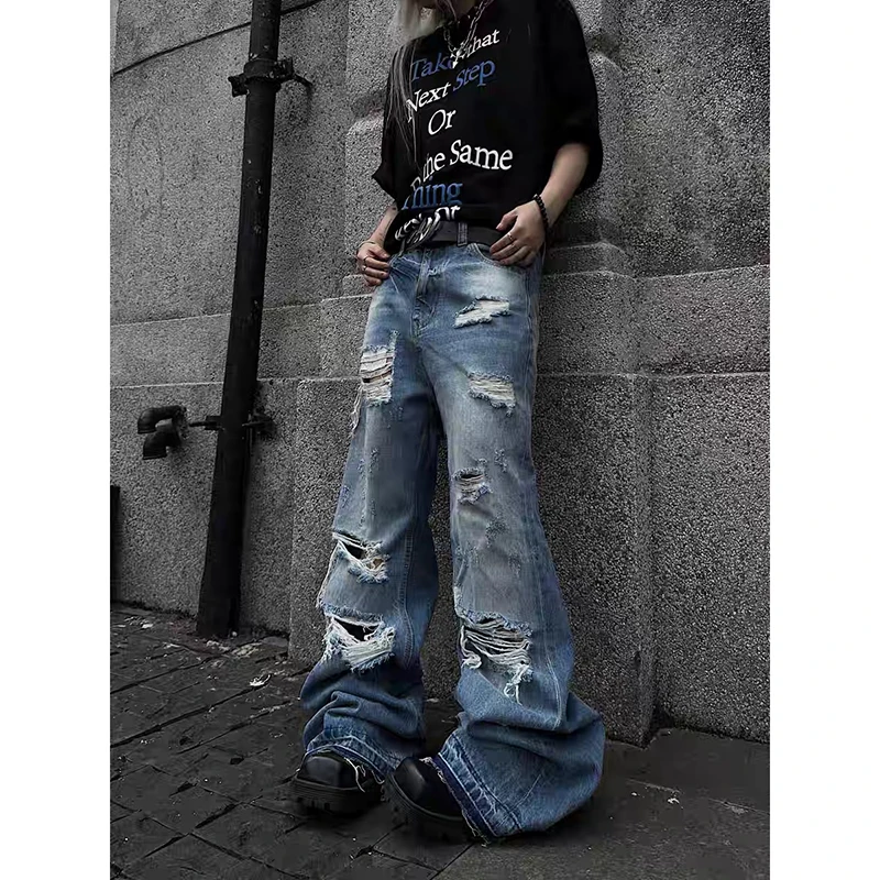 

ZHIZOU American Retro Y2K 2000s Ripped Blue Jeans Women Loose Wide Legs 2026 Spring Style Design High Waist Straight Trousers