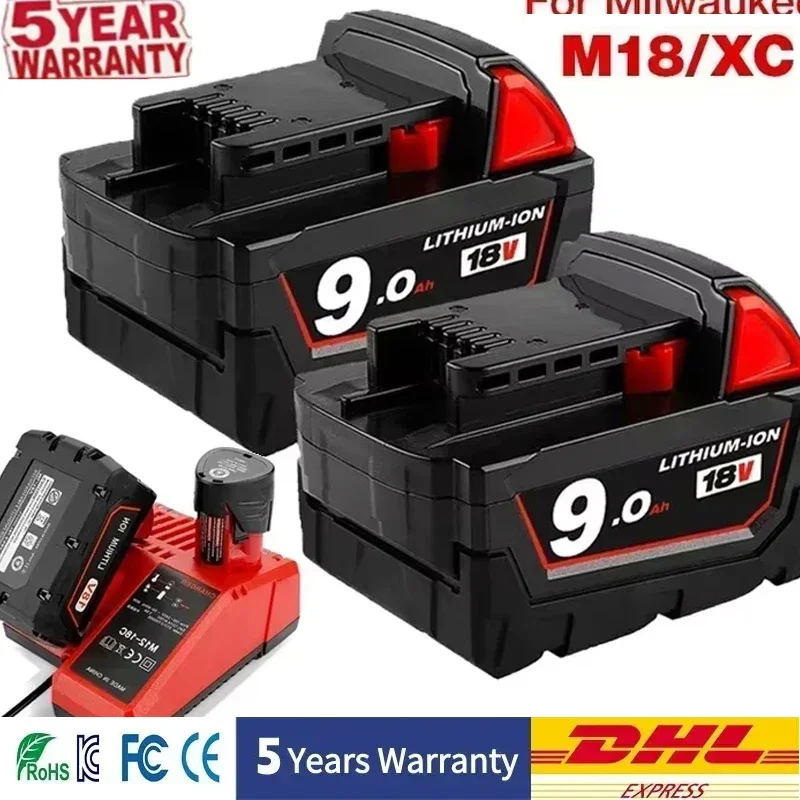 

Rechargeable Batteries For Milwaukee M18B5 XC Lithium ION Battery 18v 9.0/6.0/12.0Ah battery charger For Milwaukee M18 12V~18V