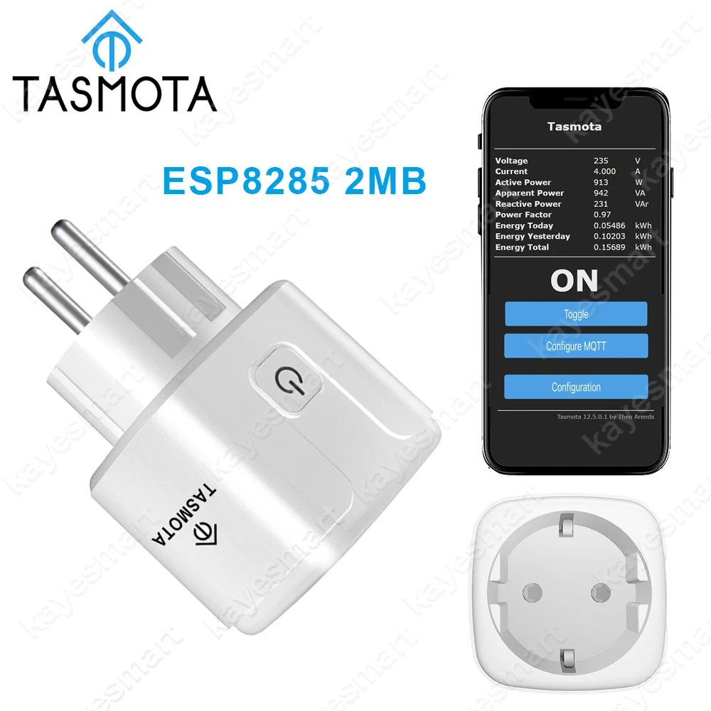 Умная мини-розетка Tasmota MQTT ESP8285 с поддержкой Wi-Fi, таймером, мониторингом энергопотребления (16А), обновлениями OTA, совместимая с Home Assistant.