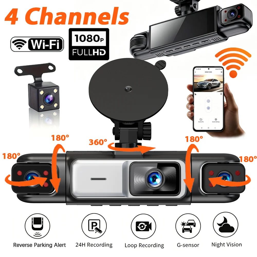 4 CH Car Dash Cam DVR WIFI 1080P Black Box 24h/7 Parking Monitor Night Vision G-Sensor Loop Recording Video Recorder Car Cameras
