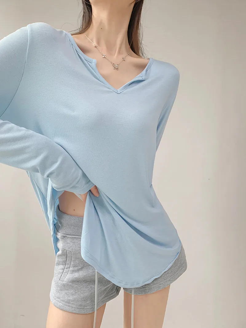 تي شيرت نسائي فضفاض بأكمام طويلة ، ترفيهي متعدد الاستخدامات ، قمة متوسطة الطول ، رقبة حرف V رفيعة ، ترفيه ، طراز سبات جلدي جديد ، الربيع ، الصيف ، F126 #6