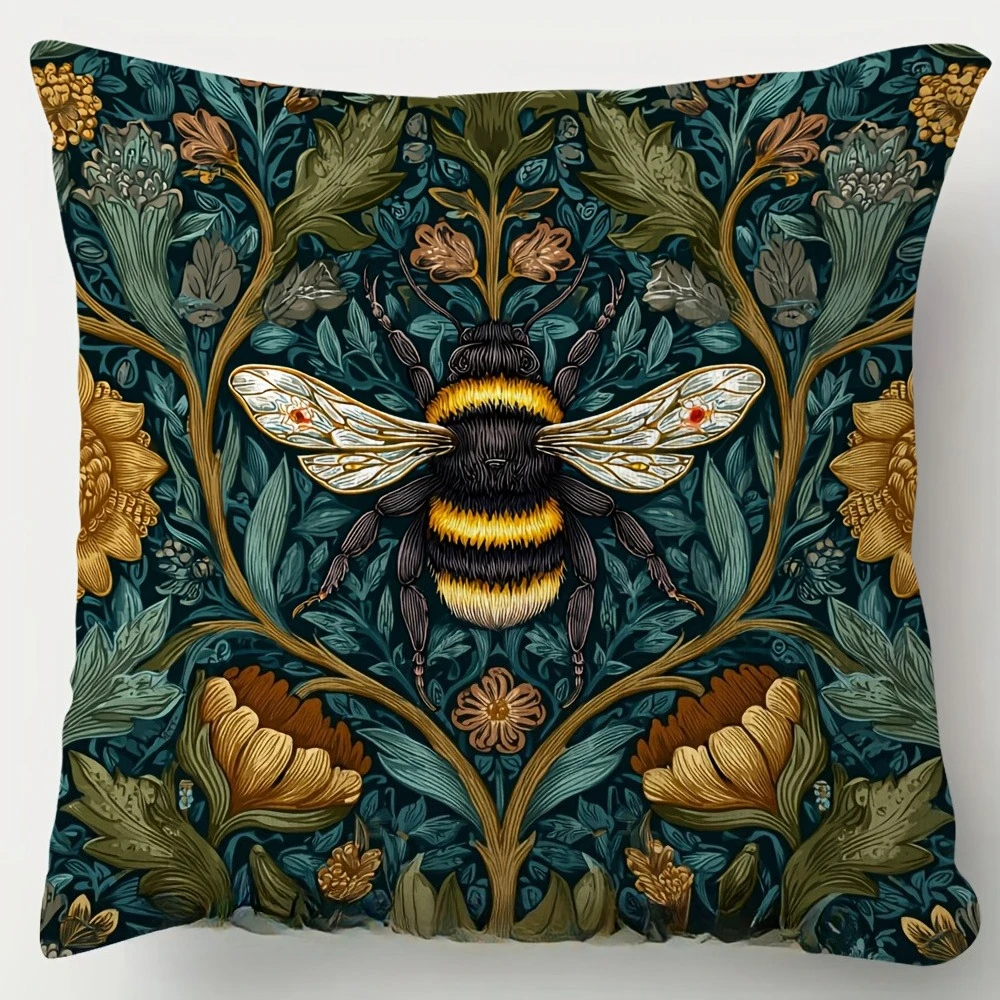 1-teiliger Kissenbezug im Vintage-Stil, Blumen- und Bienenmuster, universell einsetzbar für Wohnzimmer, Schlafzimmer und Büro, Reißverschluss