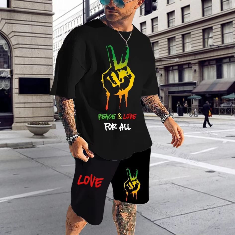 Fit verão roupas masculinas 3d impresso homem bob marley impresso shorts de manga curta de duas peças homem casual moda manga curta terno