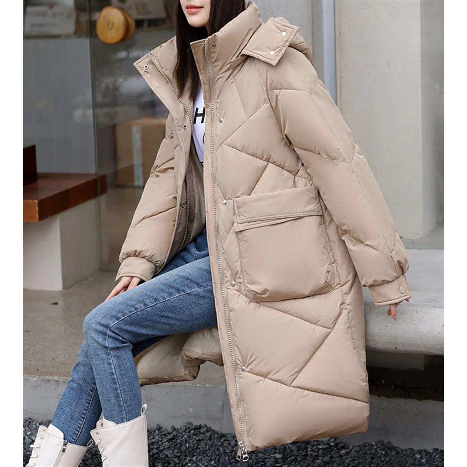 Womens Thickened Down Coat Winter Lightweight Warmest Cotton Clothes Medium Length Over The Knee Coats With Double Large Pockets