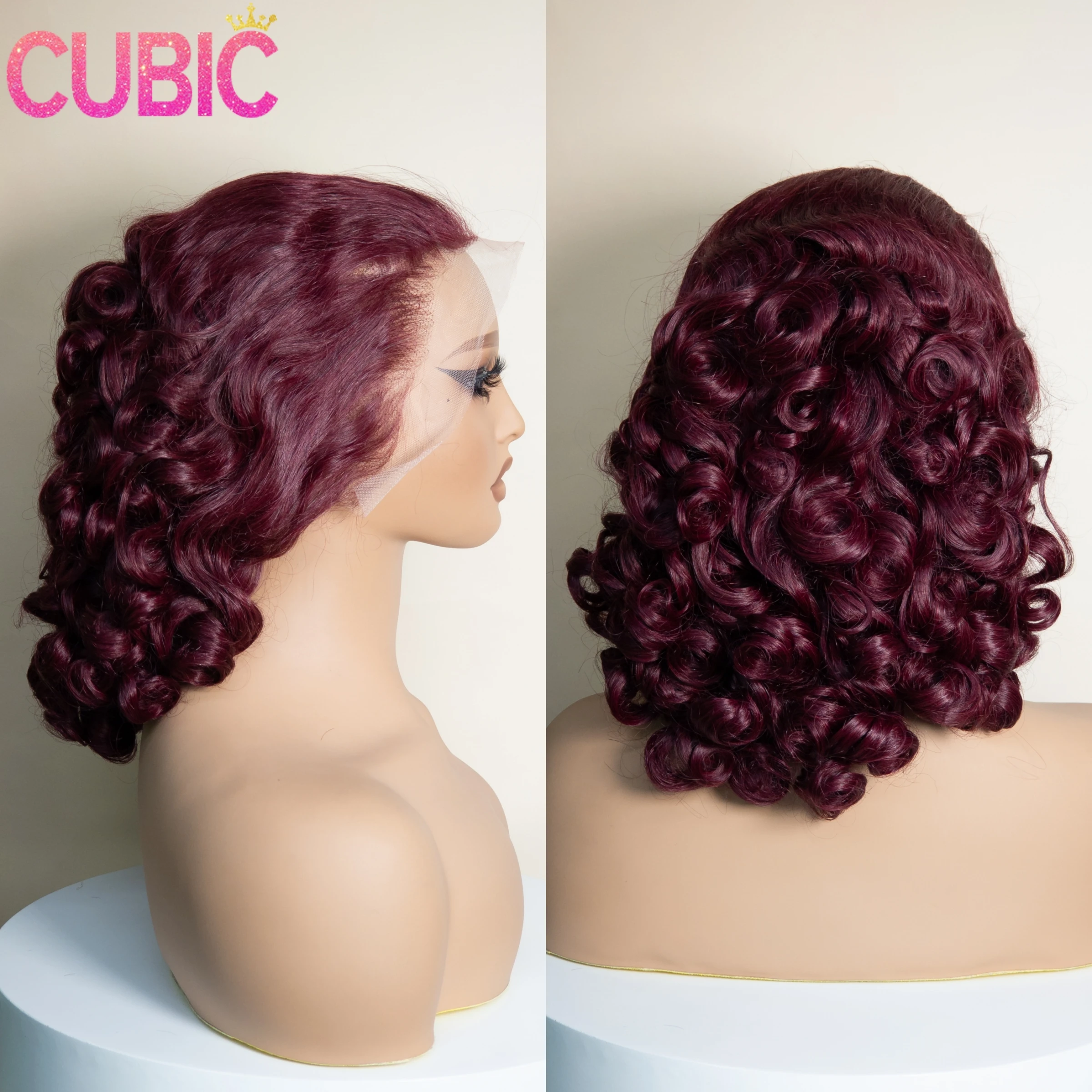 Bouncy Curly Human Hair Wigs Double Drawn HD 13x4 Lace Frontal Wigs Burgundy 250% Density Short Loose Wave Curly Wigs 16Inch