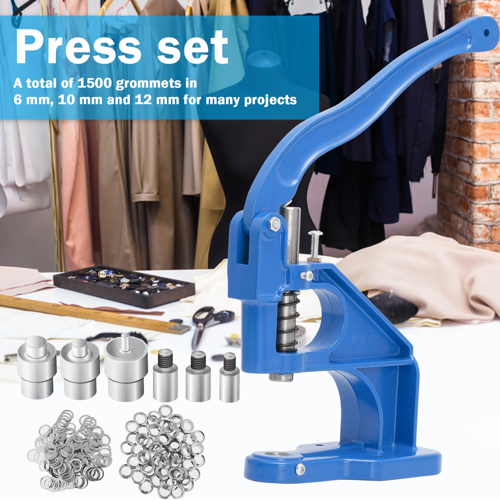 Metal Grommet Machine, Eyelet Press, Manual Press Set with 3 Dies and 1500 6/10/12mm Grommets