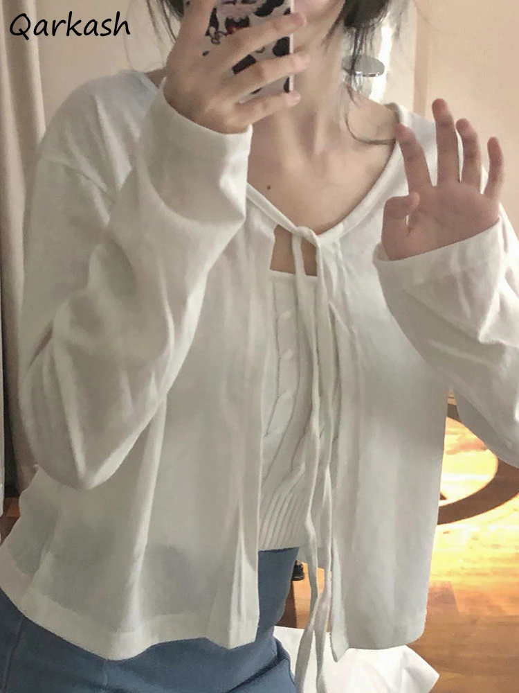

Lace-up Cardigan Women Solid Long Sleeve Spring Thin Sun-proof Korean Style Minimalist Chic All-match Design Girl Leisure Свитер