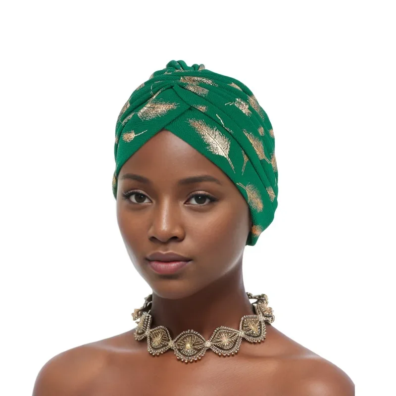 Boné de turbante de penas estampado a ouro para mulheres, envoltório africano, gorro de cabeça plissada, lenço muçulmano, chapéu feminino