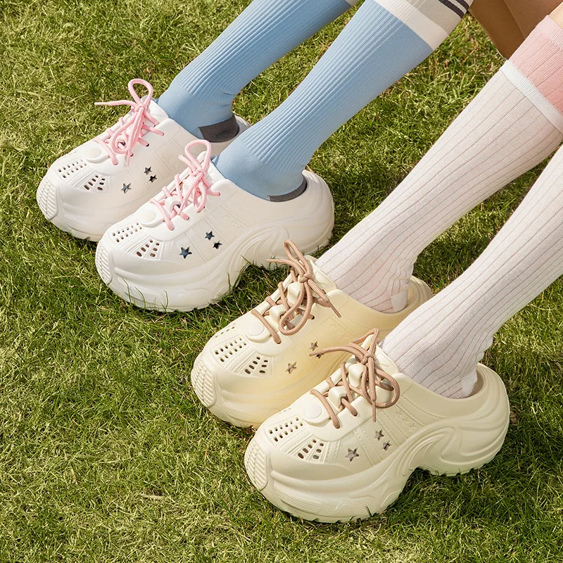 Solid Color Chunky Platform Lace Up Sports Shoes Women 2026 Summer Casual Breathable Clogs Sandals Woman Slip On Non-Slip Mules