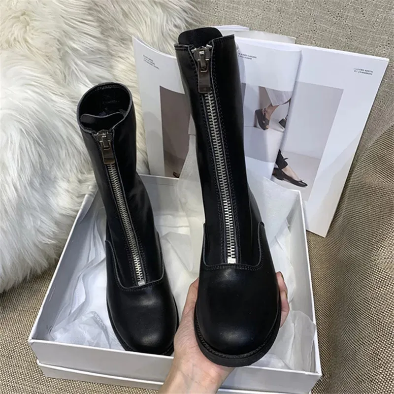 Cerniera anteriore donna stivaletti da Cowboy alla caviglia donna tacco basso autunno cavaliere Botas stivaletti corti bianchi scarpe Casual in