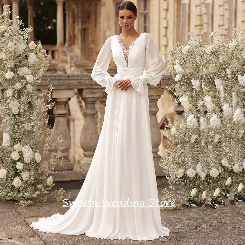 

Романтические свадебные платья для женщин, невесты, индивидуальное шифоновое свадебное платье с пышными рукавами и V-образным вырезом, расшитое бисером и блестками, со шлейфом