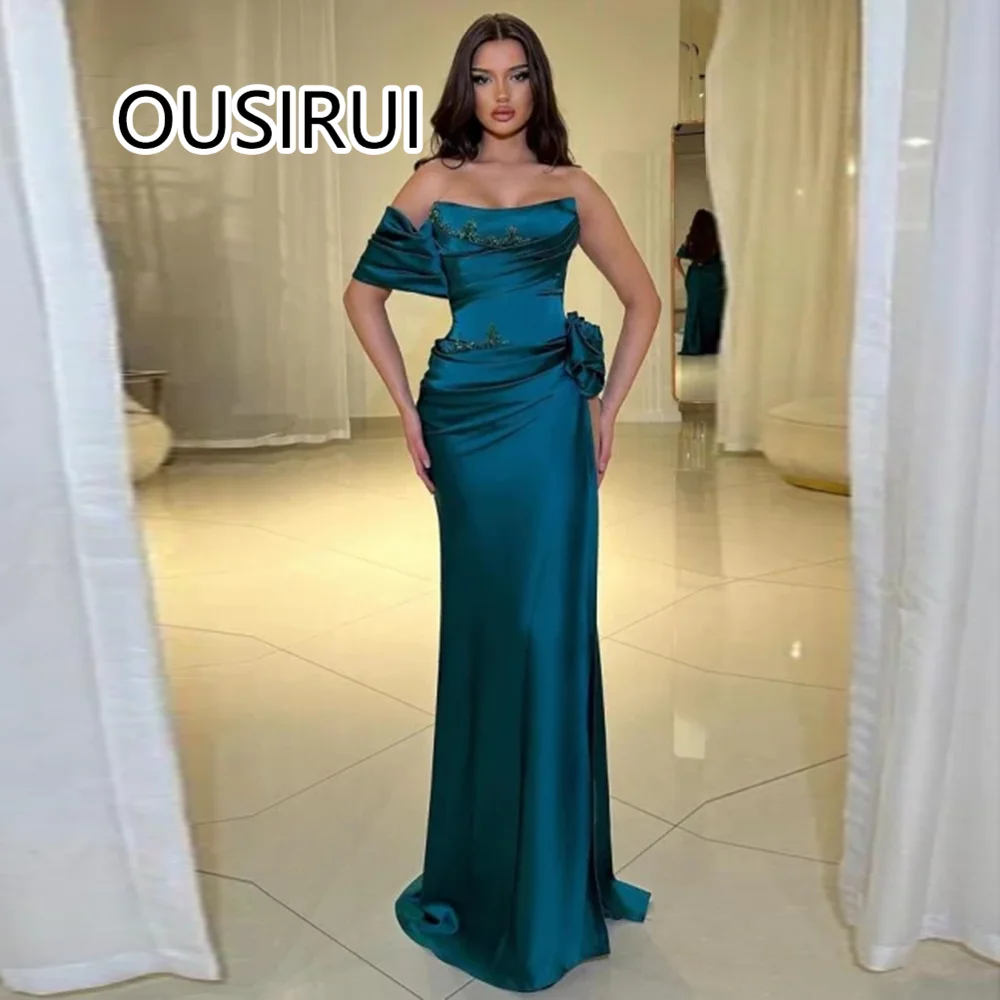 

Saudi Formal Evening Dress Strapless Satin Pleated Floor-Length Sexy Mermaid Evening Bridal Gown Beaded Arab Custom Made
