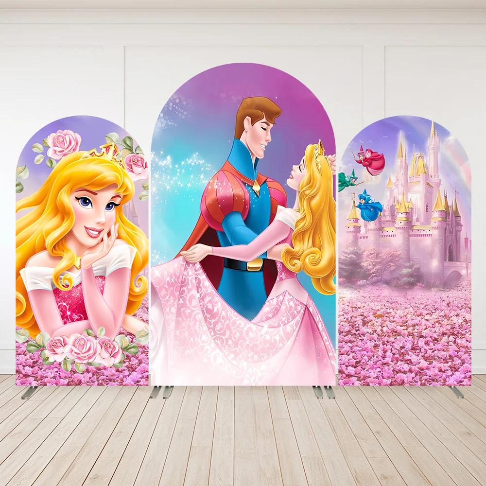 

Sleeping Beauty Princess Birthday Decoration Arch Backdrop Cover Cartoon Flower Castle Aurora Photo Background Doubleside Prints