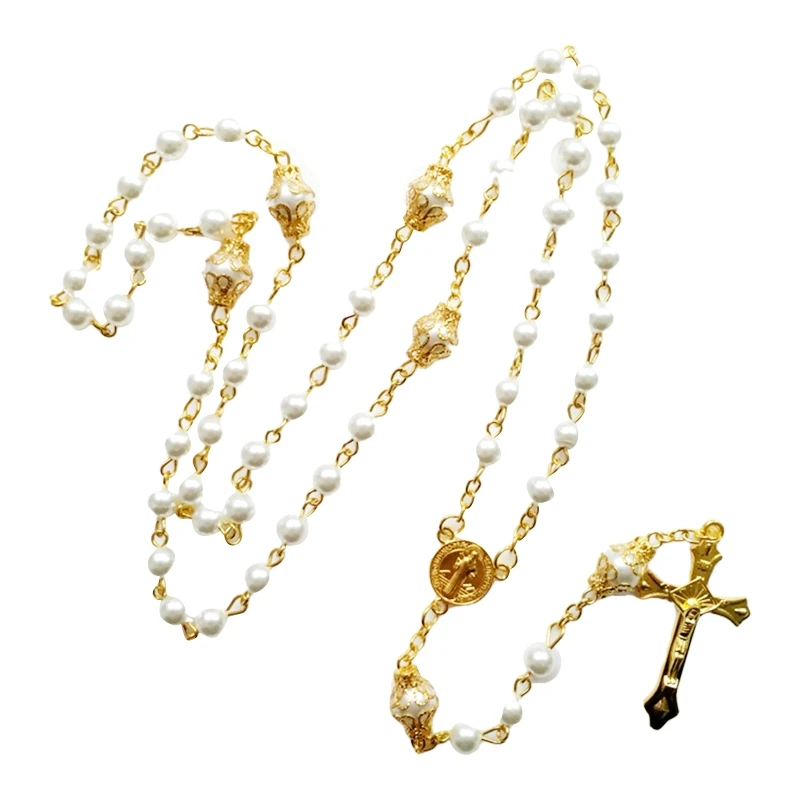 Vintage Pearl Beads Rosary Necklace Jesus Christ Crucifix for Cross Pendant Neck DropShipping