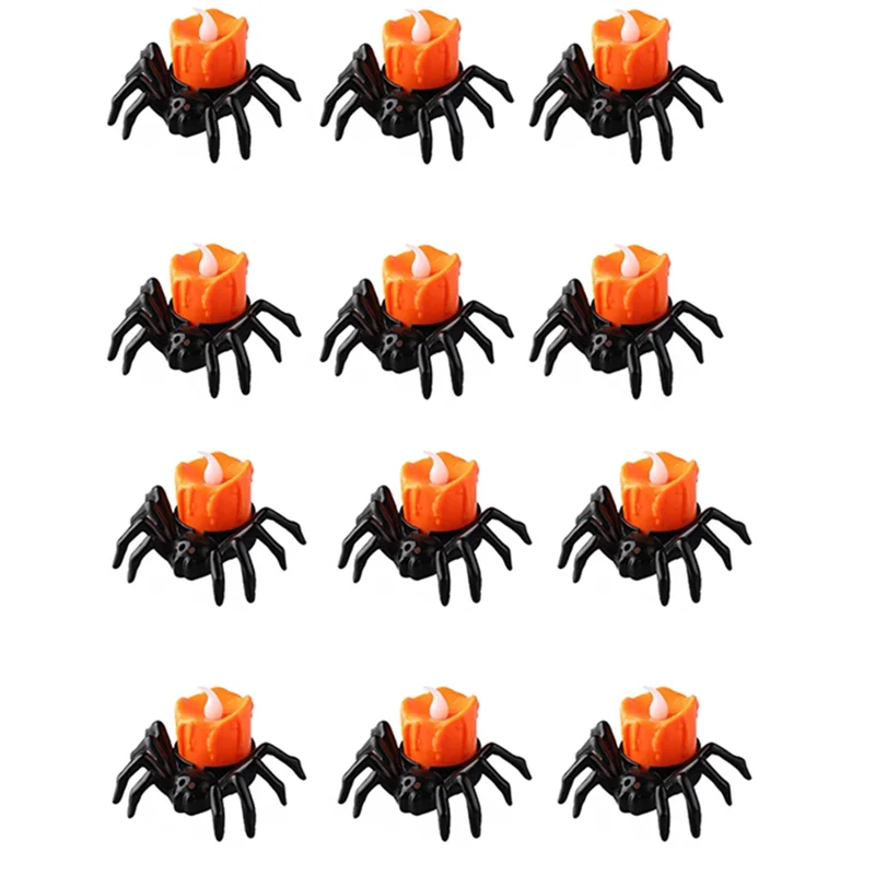 B08B-Battery Operated LED Flameless Spider Candles 12-Pack, Halloween Spider Tea Light For Party Table Decor