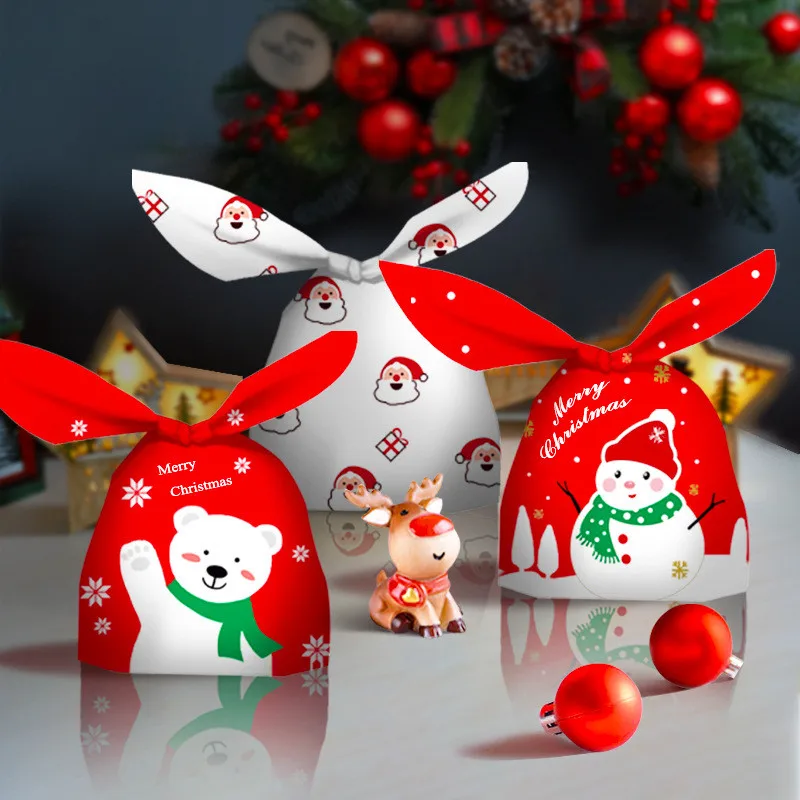 50Pcs Christmas Rabbit Ears Bags Plastic Dessert DIY Snowflake Nougat Xmas Party Gift Packaging