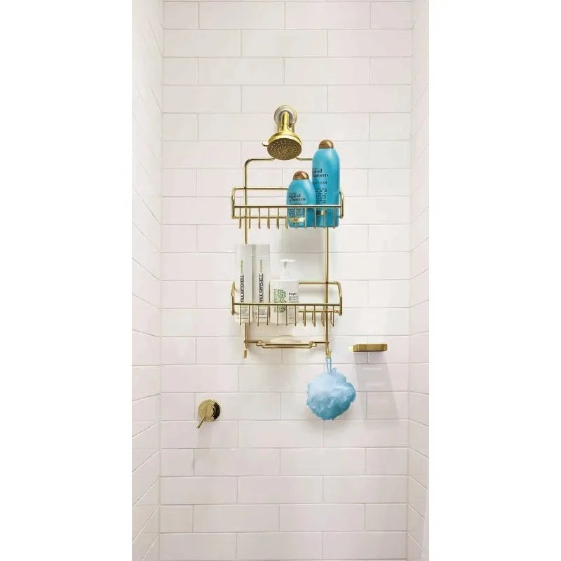 Shower Caddy - Shower Organizer Shelves with Hooks, Rustproof Shower Storage Rack for Shampoo, Conditioner, Bath Sponge - Gold