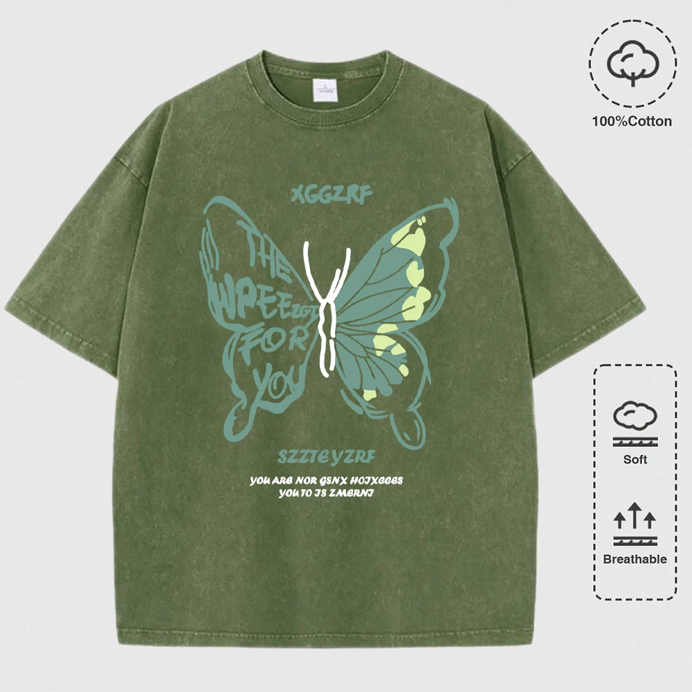

Personality Butterfly Printed Men Washed T Shirts Casual Fashions Tops Hip Hop Soft Sportswear Multicolor Cotton T-Shirt