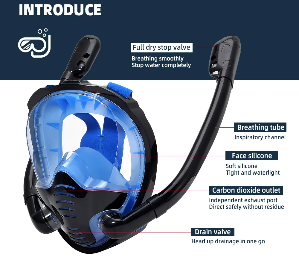 Maschera da snorkeling a pieno facciale 180 ° Occhialini da nuoto per immersioni subacquee con vista panoramica in silicone Dry Top con 2 snorkeling Antiappannamento Anti-Lea  18