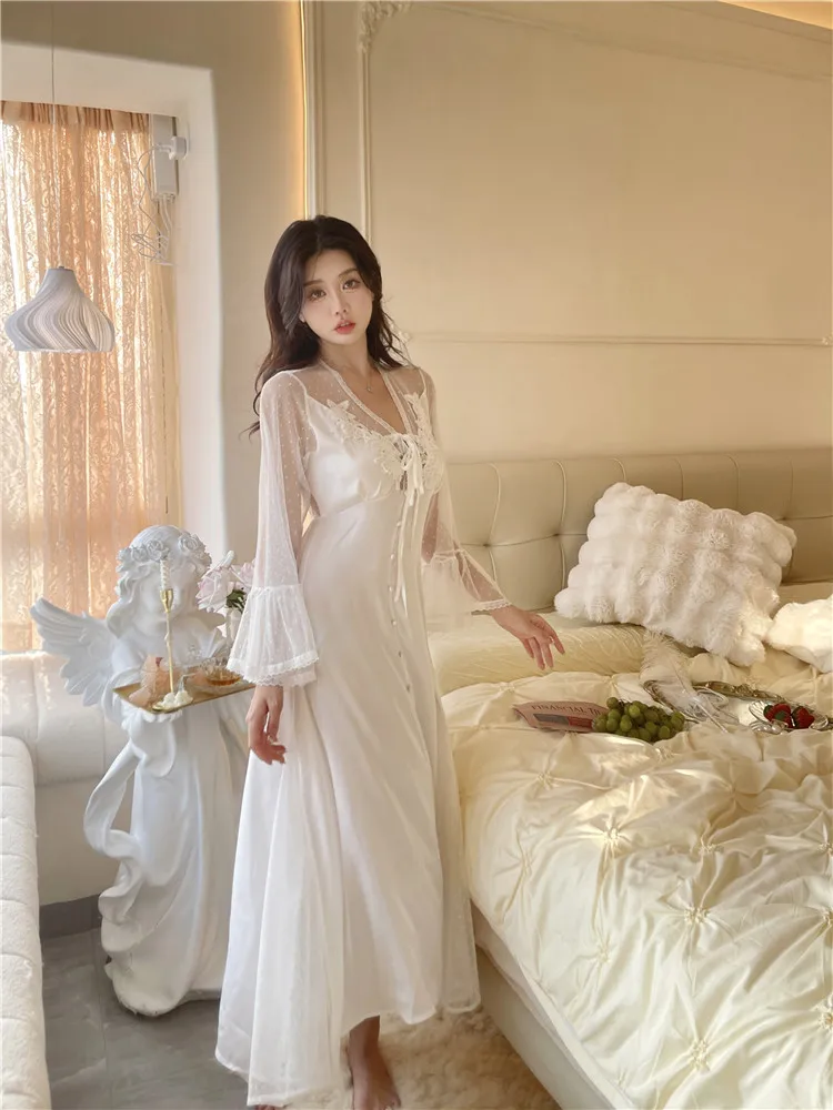 Lace Nightdress Princess Homewear Palace Style Nightgown Women Long Sleeve Sleepwear Loungewear Sexy Lace Mesh Nightwear