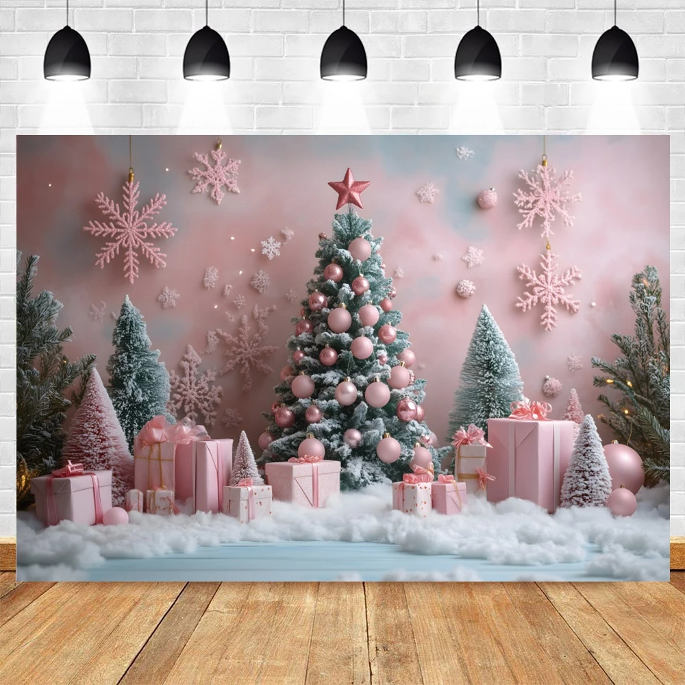 Pink ChristmasTrees Xmas Balls Background Winter Snow Photography Backdrop Kids New Year Home Party Decoration Banner