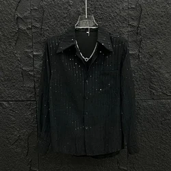 Mens Shirt Sequin Shoulder Pad Casual Shirt Spring Streetwear Fashion Luxury Youth Campus Long Sleeve Top Men'S Wear 2025 New
