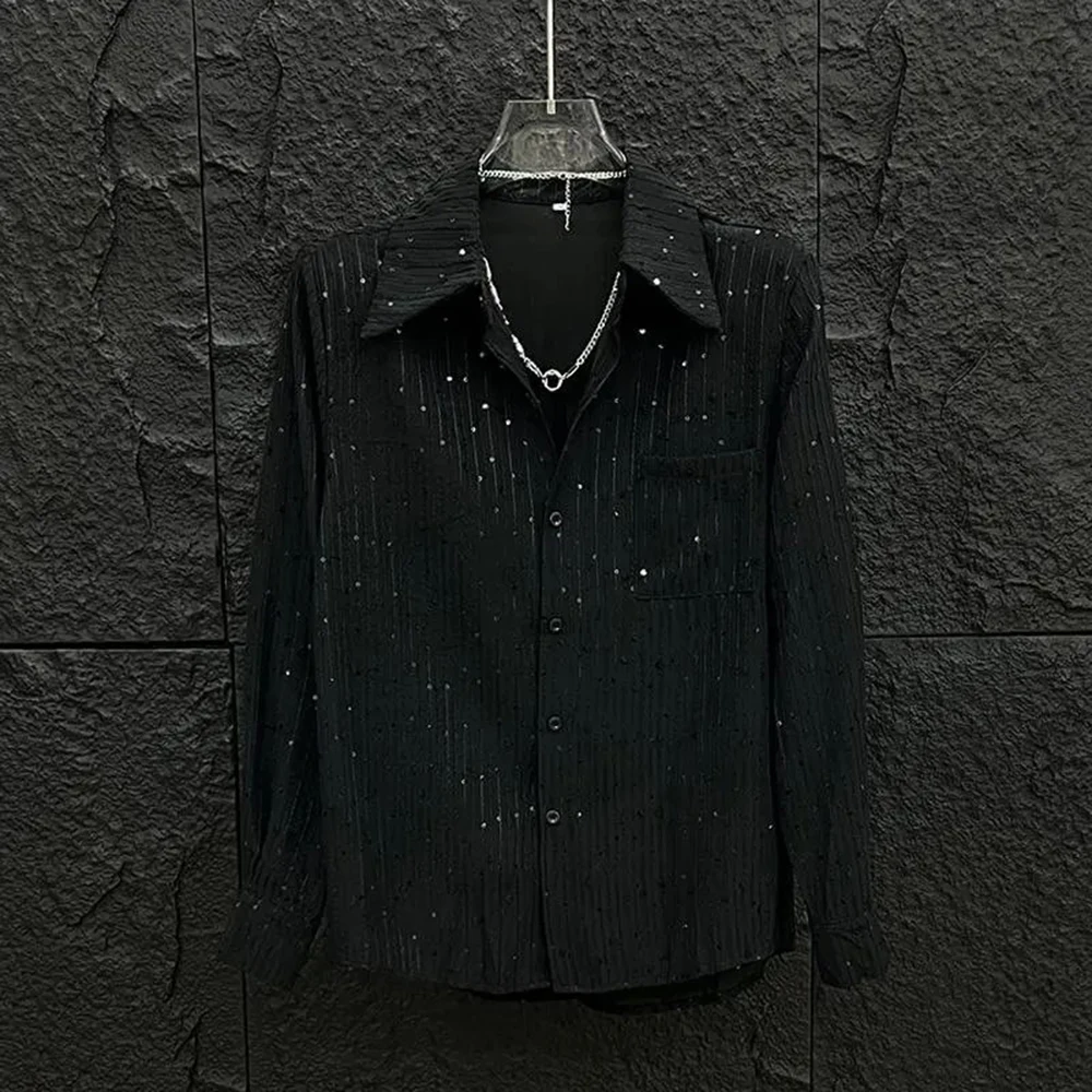 Mens Shirt Sequin Shoulder Pad Casual Shirt Spring Streetwear Fashion Luxury Youth Campus Long Sleeve Top Men'S Wear 2025 New