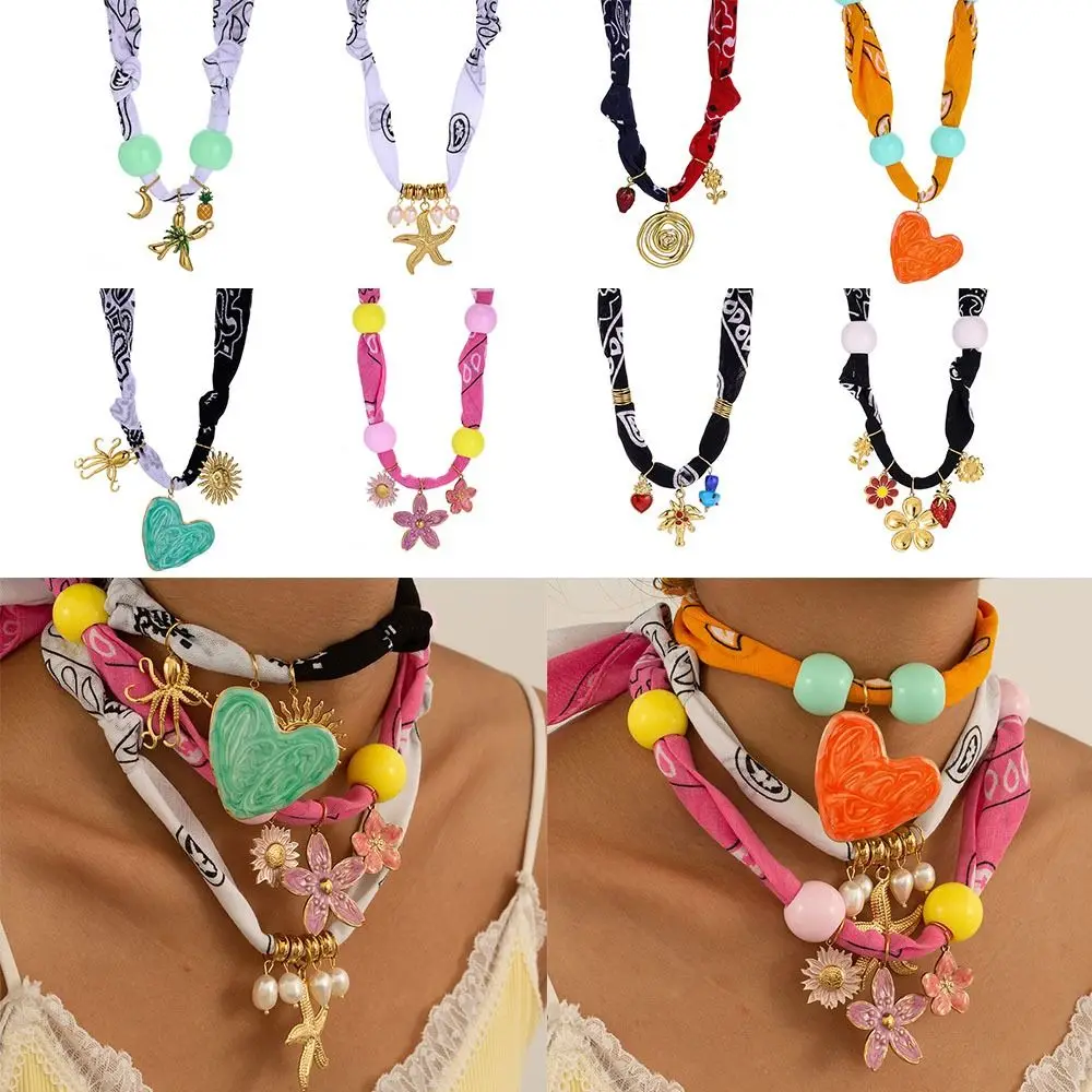 

New Bohemian Flower Pendant Necklace Stainless Steel Vintage Beaded Necklace Cloth Wrap Scarf Necklace Beach Jewelry