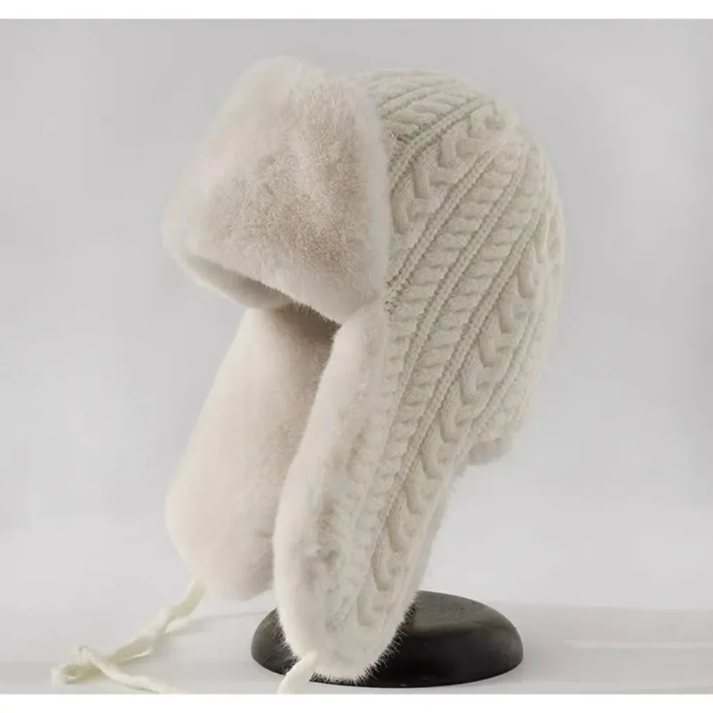 Women's Windproof Winter Knit Hat with Adjustable Tie Ear Flaps, Thickened Korean Style Beanie for Cycling