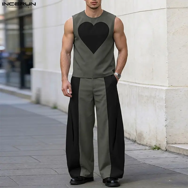 INCERUN Men's Sets Patchwork Color-block Sleeveless Tank Tops Wide Leg Pants Two Piece Sets Streetwear Fashion Men Matching Sets - view 4