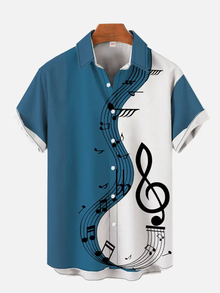 New Fashion Hawaiian Art Music Elements Notes 3D Printing Short Sleeve Shirt Fashion Hawaiian Shirts For Men Harajuku