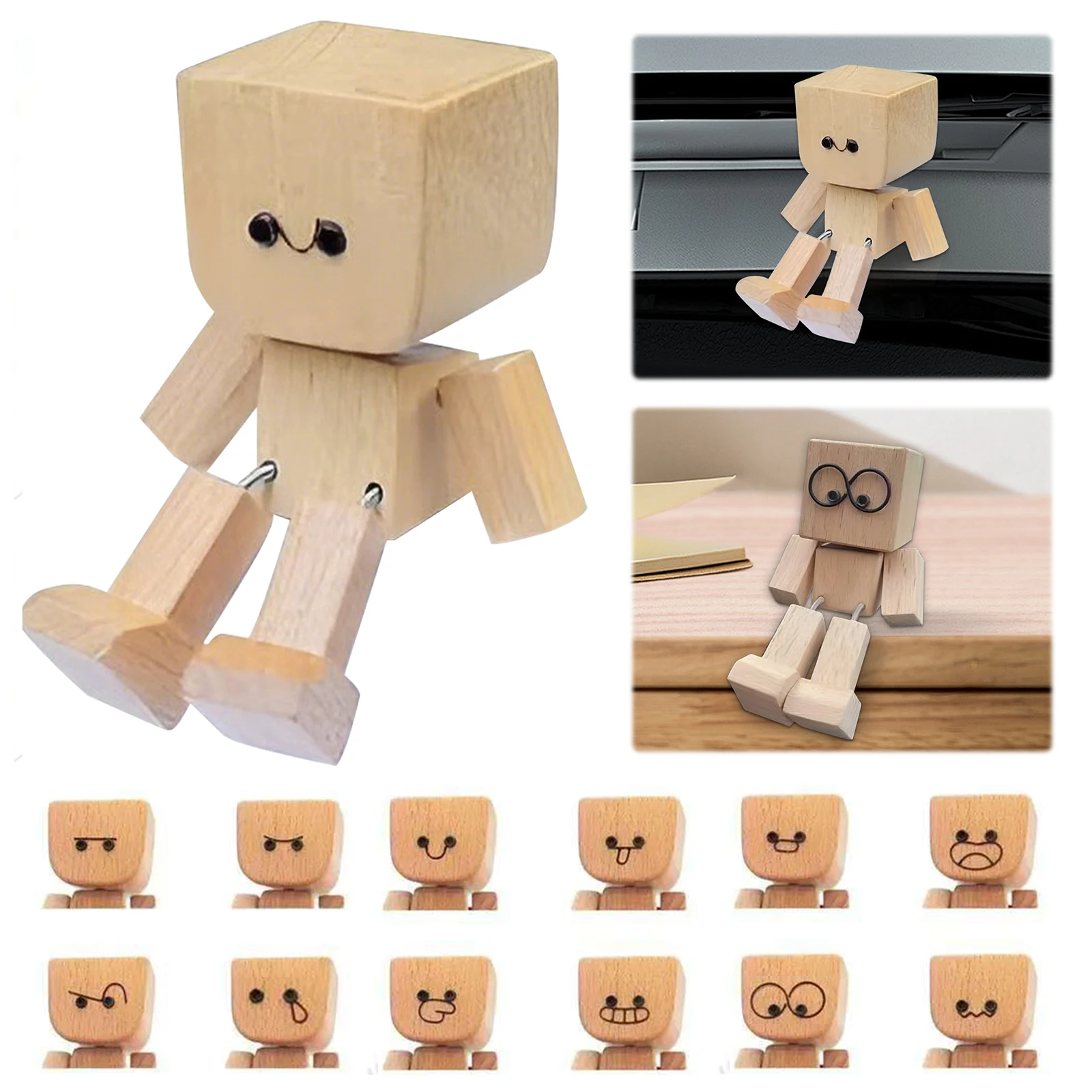 

Wooden Figure Shaking Feet with 12PCS Expressions Leg-swinging Wooden Doll Ornament for Sedan Truck SUV RV Living Room Bedroom