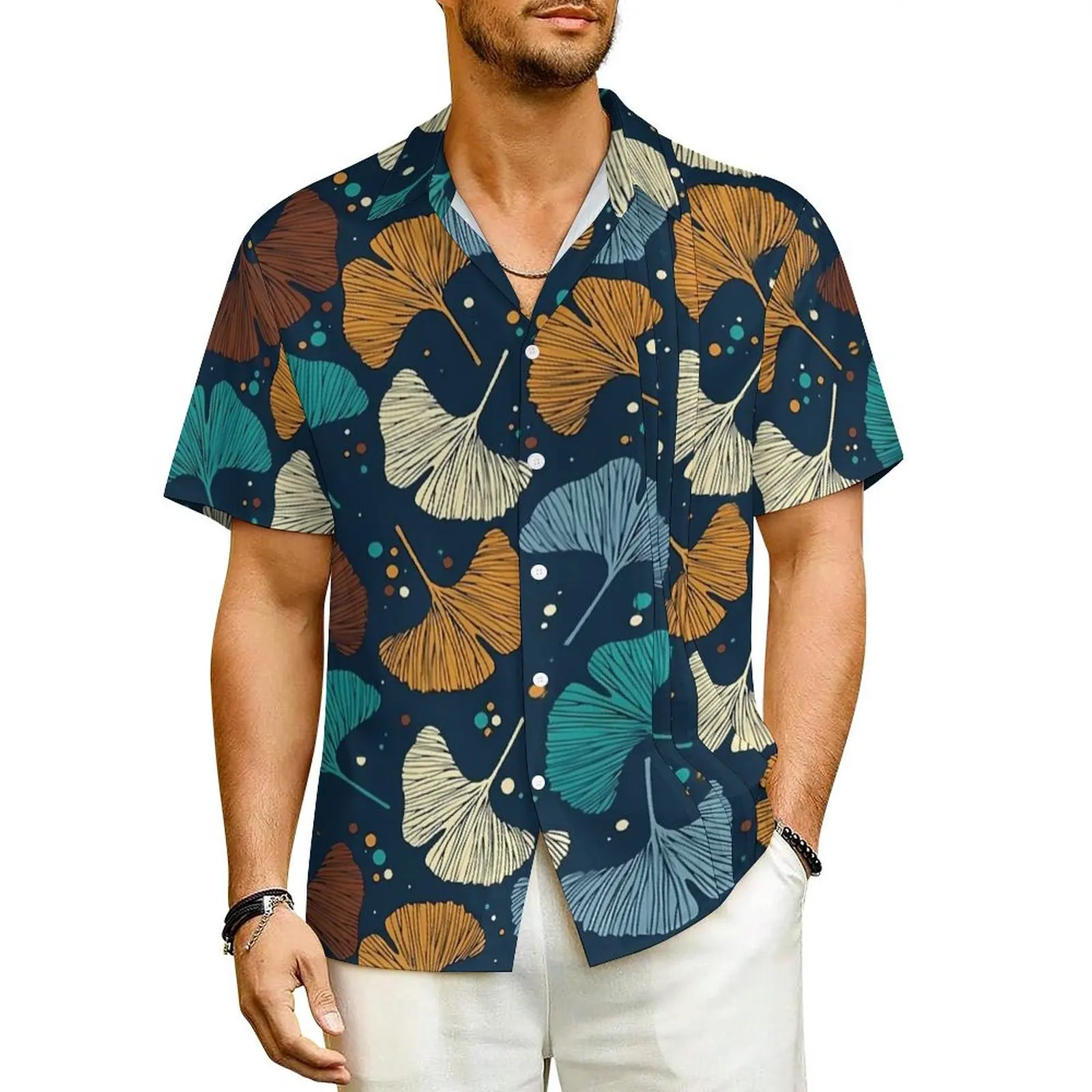 

Ginkgo Biloba Beach Shirt Colorful Leaves Print Hawaiian Casual Shirts Mens Loose Blouses Short-Sleeved Stylish Custom Clothing