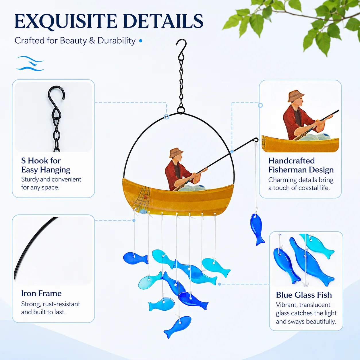 

Fishing wind chimes, colored glass pendants, outdoor courtyard garden decorations, handicrafts