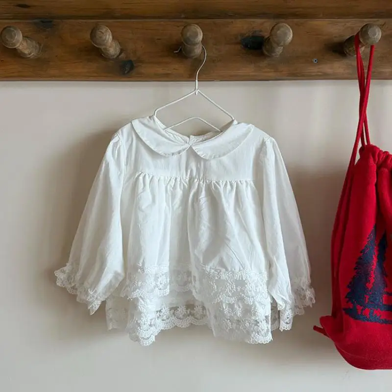 

2025 Autumn New Girls Lace Splicing Shirts Cotton Children Long Sleeve Loose Shirts Solid Baby Girl Cute Blouse Kids Clothes