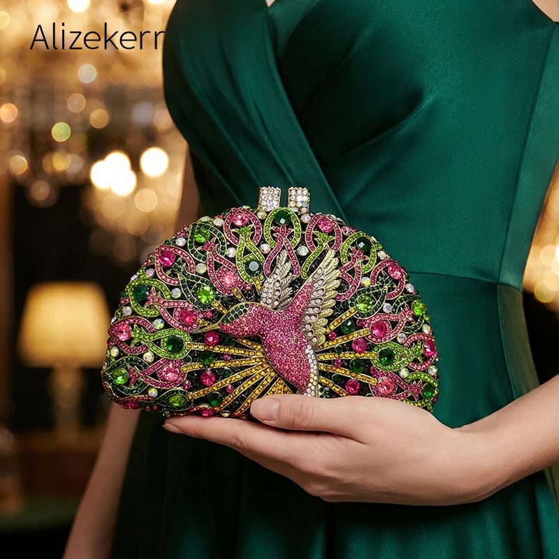 

Alizekerr Semicircle Crystal Evening Bags Women Gorgeous Metallic Bird Rhinestone Purses Ladies Boutique Handbags Wedding Party