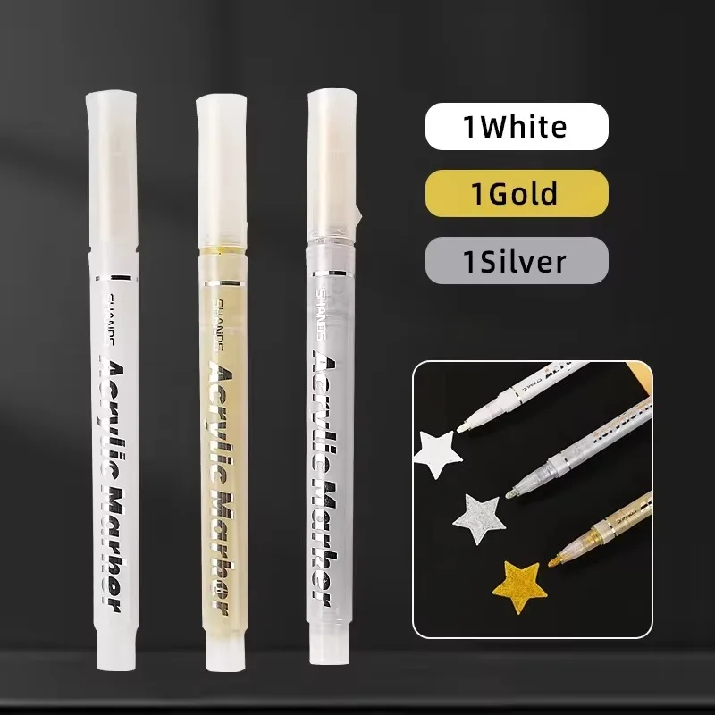 

3Pcs/Set High-Gloss Acrylic Markers Paint Pen Gold/Silver/ White Painting Graffiti Pens, Waterproof Markers Stationery Supplies