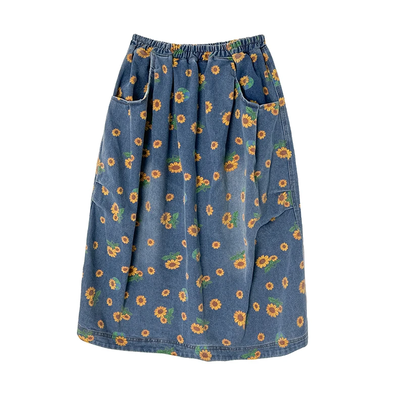 Losse denim rok met artistieke print, dames lente herfst plus maat afslankende knielange a-lijn katoenen lange rok