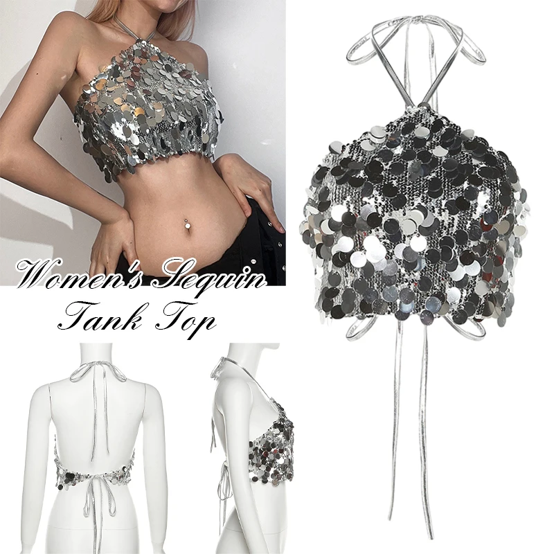 Woman Silver Sequin Matte Trendy Design Crop Tops Sexy Avant-Garde High Street Personality Camisole Lady Lace-Up Vest