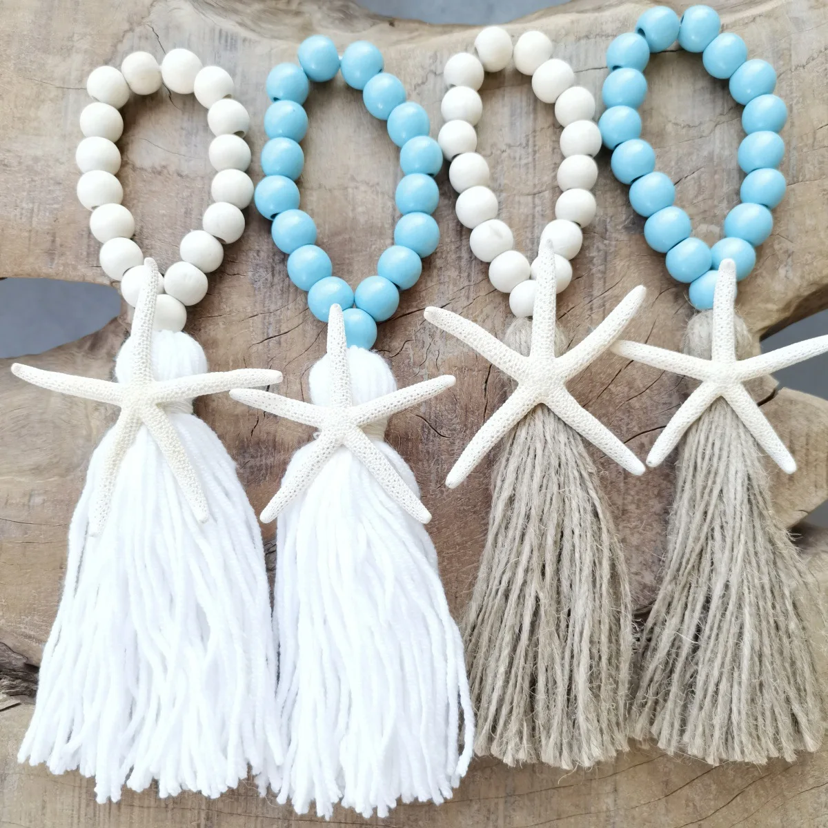 Boho Starfish Wooden Bead Garland with Tassels Nautical Beach House Decor Handmade Wall Hanging Gift Nursery Room Decoration