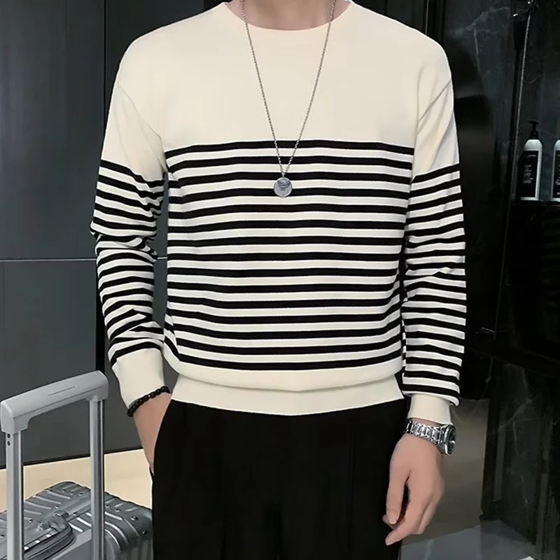 

Vintage Striped Crochet Knitted T Shirt Men's Autumn New Casual O Neck Sweaters Men Knitwear Fashionable Long Sleeve Jumper Tops