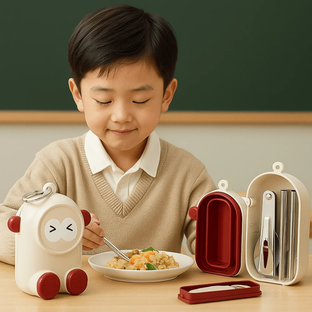 

Dopamine Cartoon Cutlery Set Robot Shape with Storage Box Portable Cutlery Assembled Design Children Chopsticks Spoon