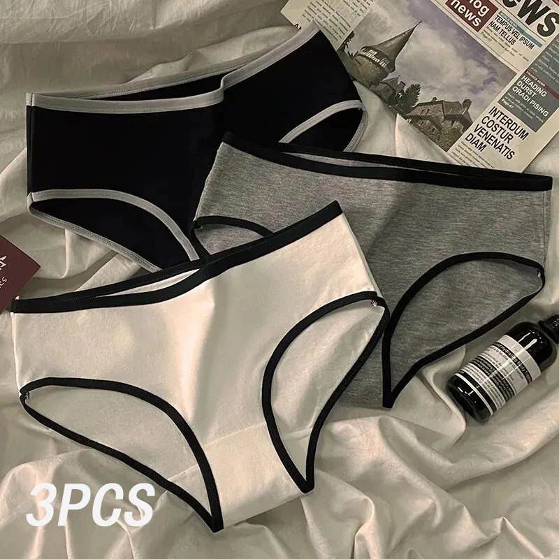 3pcs Sports Cool Style Instagram Minimalist Girls' Underwear Mid Waist Japanese Black and White Pure Cotton Women's Triangle Top