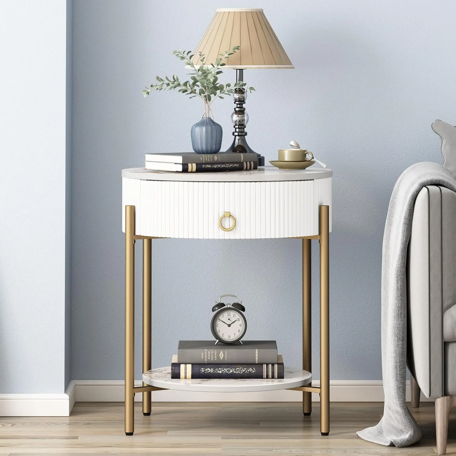 Round End Table Nightstand With Storage Drawer Marble Pattern Shelf Side Table Metal Legs 2 Tier Modern Accent Table For Living Room Bedroom Office, White Gold, 1 Pack