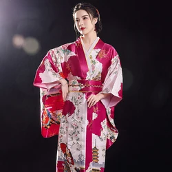 Female Sexy Lingerie Robe Satin Printed Bathrobe Kimono Gown Spring Autumn Sleepwear Loose Casual Home Dress Yukata with Obi