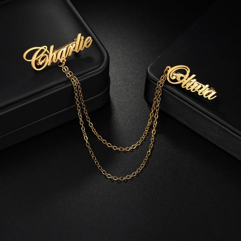 365 nova chegada personalizado 2 nome broche de aço inoxidável personalizado conexão o corrente colar broche para homens mulheres banquete jóias