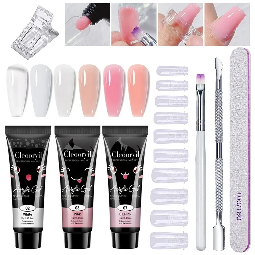 Poly Unha Gel Set, cutícula Pusher, Kit de Ferramentas Fototerapia, Edifício Cristal, Brilhante, Cor Nu, Dedo Estender Molde, cutícula Pusher