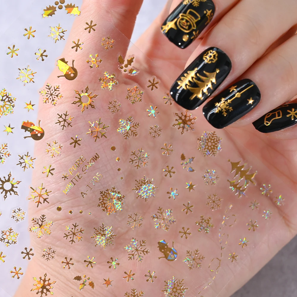 1 PC Christmas Snowflakes Nail Art Stickers Laser Gold 3D Snowflakes DIY Back Adhesive Sliders Xmas Manicure Decoration Decals