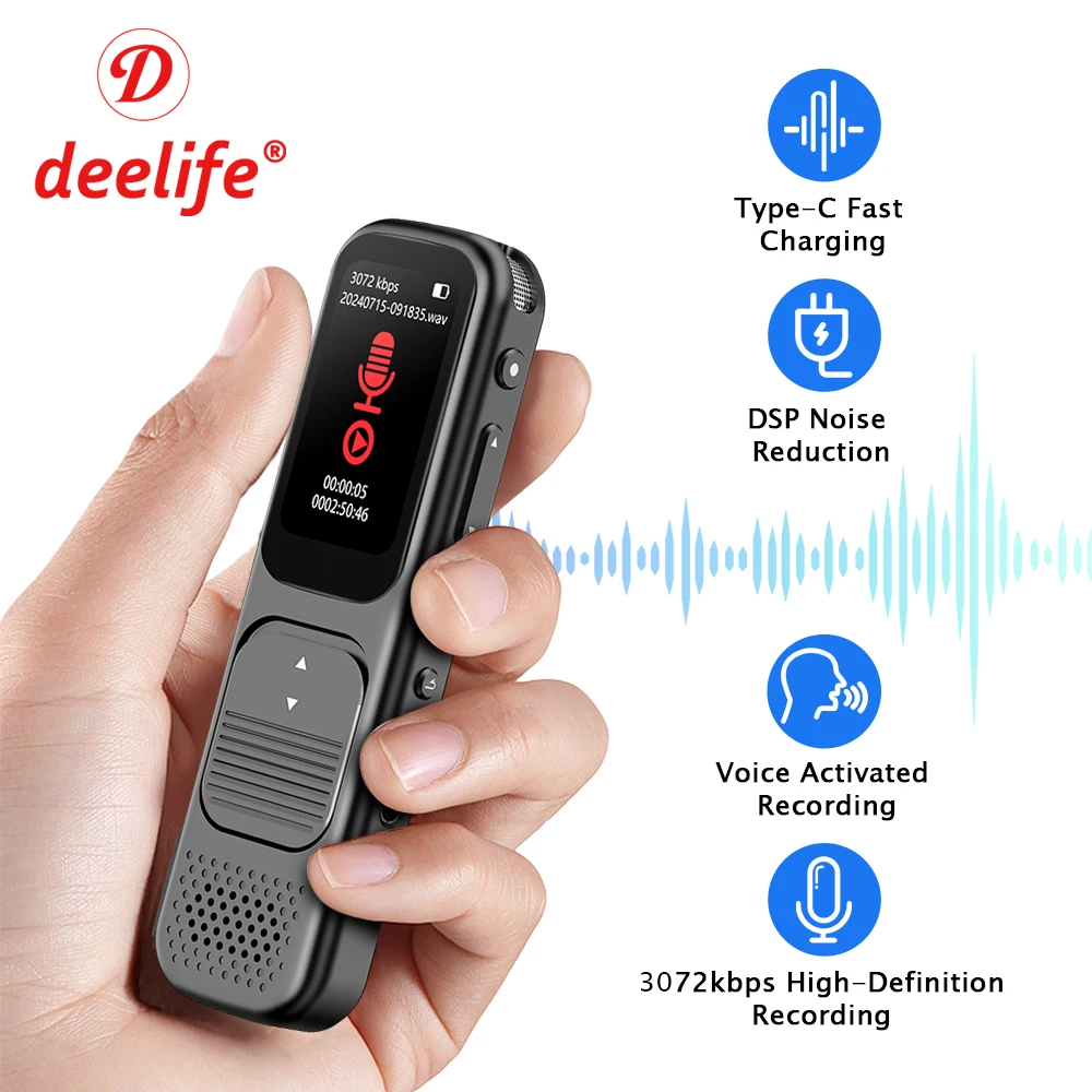 Deelife Digital Audio Voice Recorder High Quality Professional Voice Activated Recording Bluetooth MP3 Music Player Dictaphone