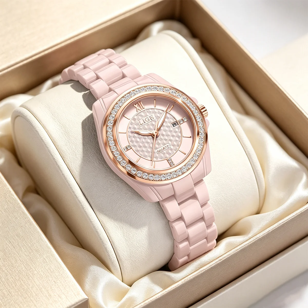 LIGE 2026 Fashion Ladies Wristwatch Diamond Ceramics Strap Waterproof Date Women's Watches Elegant Quartz Watch for Women Gifts